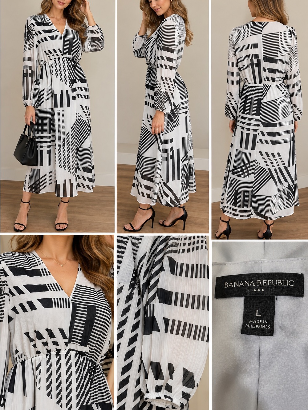 Banana Republic Black & White Geometric Maxi Dress